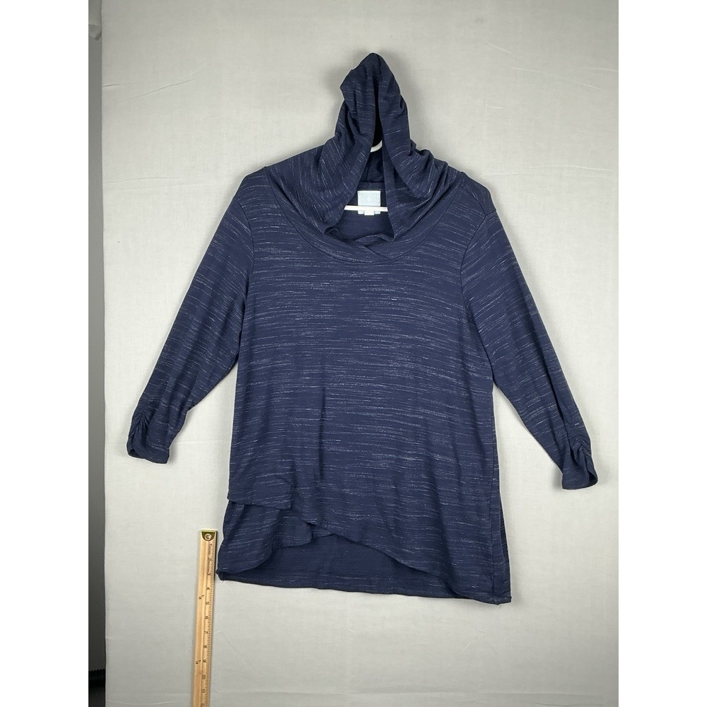 Sundays‎ Womens L Blue Cowl Neck Tunic Top 3/4 Sleeve High Low Hem